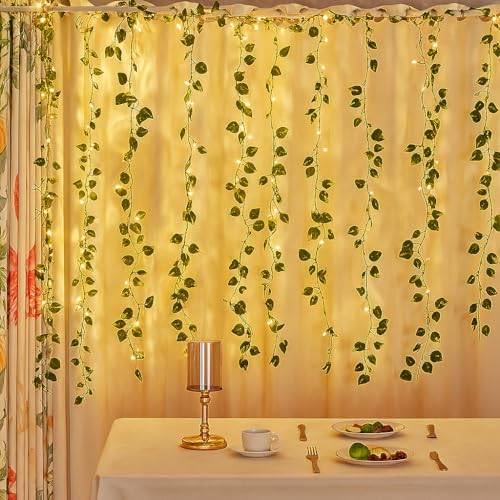 Image of Gesto Artificial Leaf Curtain LED String Lights - Warm White Fairy Lights with 8 Modes Controller, AC Plug for Home,Room,Wall,Birthday, Wedding & Diwali Decoration, Green Leaf Hanging Lights (10x3 Ft)