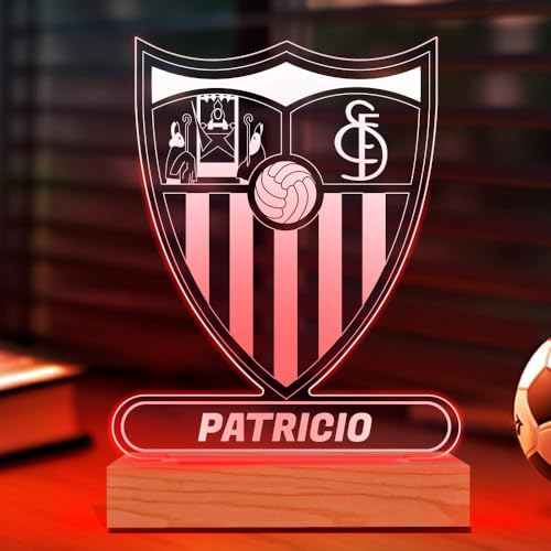 Transparent Gift Lámpara Personalizada Equipos Fútbol. Regalos Originales Cumpleaños Infantiles. Regalos para Hombres, Día del Padre. Diseño Escudo Sevilla de Metacrilato y Madera. Luz LED