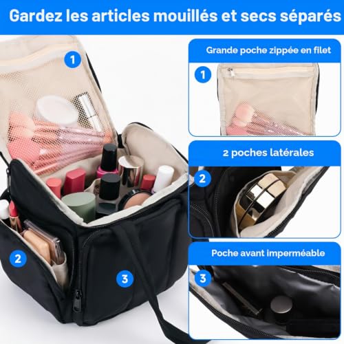 Trousse de Toilette Femme Voyage, Sac de Rangement Maquillage Imperméable avec Poignée, Grande Capacité, Trousse Multi-Poches pour Articles Toilette et Accessoires – Image 5