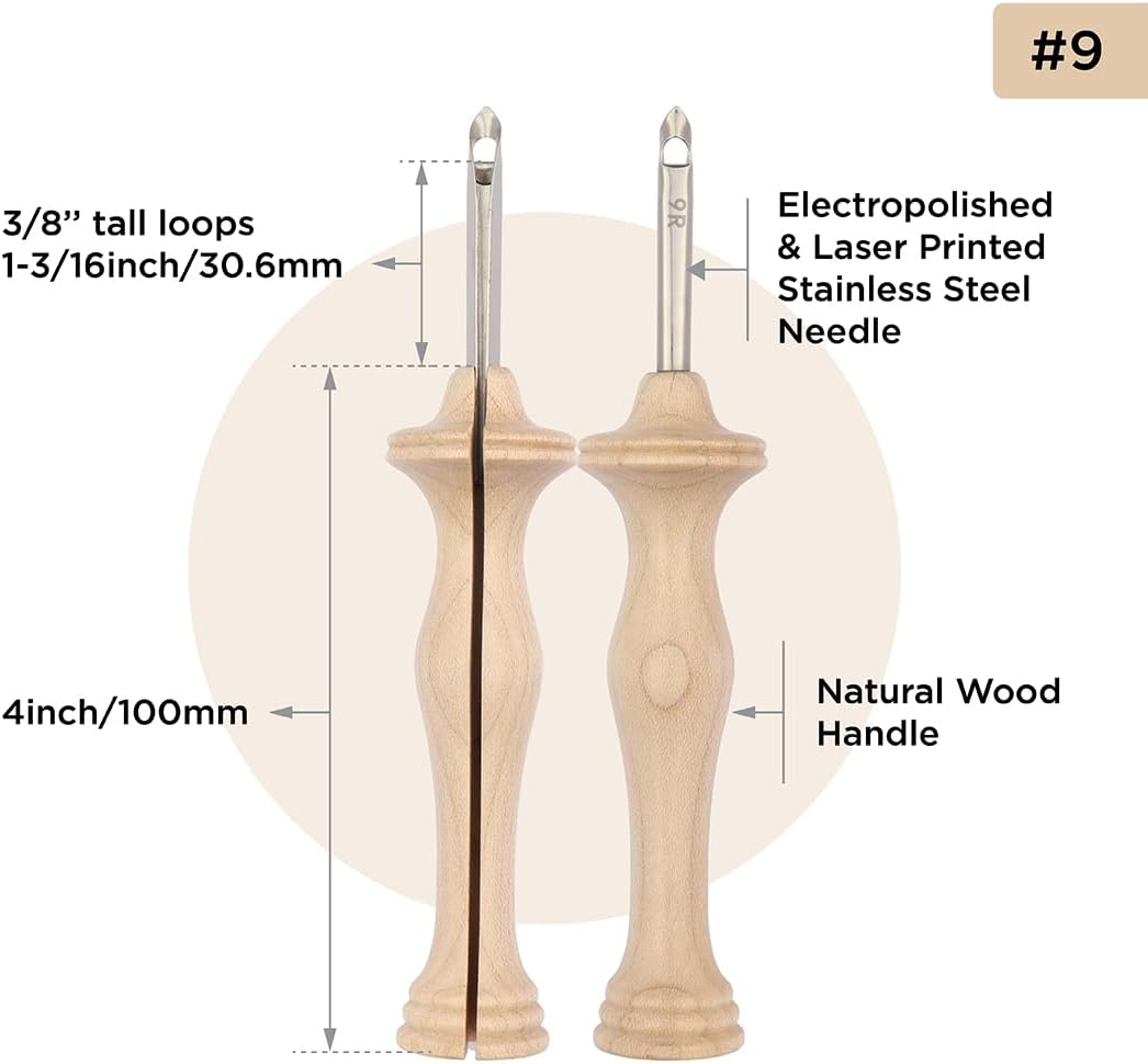The Oxford Punch Needle #9 (3/8 inch Loop) Regular Point Punch Needle | Patented Design | Ergonomic Natural Wood Handle | Electropolished Steel Tip | Ideal for Rug Hooking