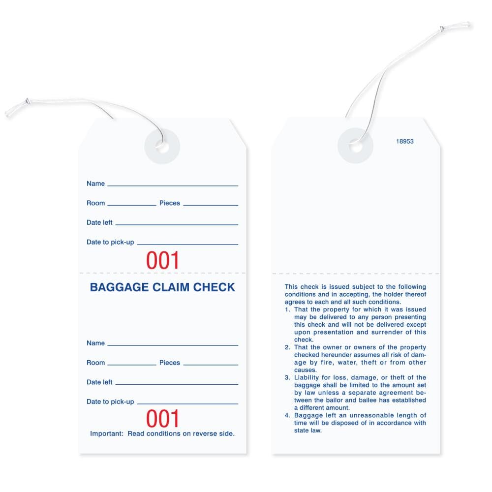 800 Baggage Claim Check Tags. Durable White Cardstock with Red Numbering with Knotted Cotton Strings Attached to Each Tag. Reinforced Eyelet Around Hole Prevents Tearing. Tag Size: 5 1/4" x 2 5/8"