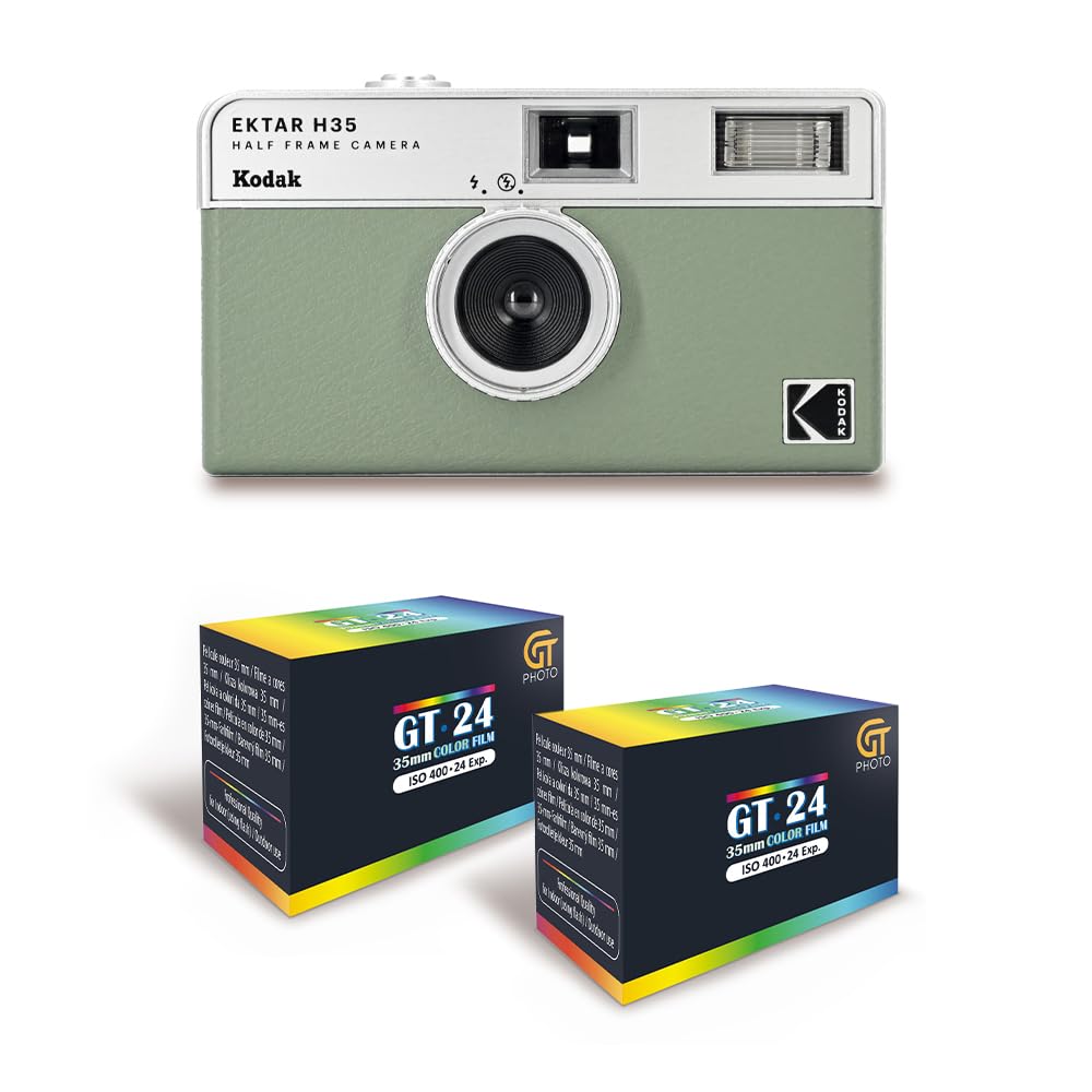 KODAK EKTAR H35 Videokamera, halbes Format, 35 mm, wiederverwendbar, ohne Fokus, leicht, einfach zu bedienen – Salbeigrün + 2 Filme, 35 mm, Farbe, 24 Belichtungen