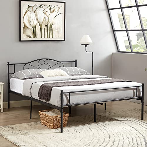 Vecelo Metal Platform Bed Frame With Headboard & Footboard, Steel Slats Mattress Foundation, No Box Spring Needed, Queen, Matte Black #TOP2