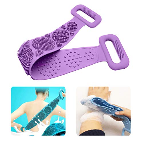 Lukciplus Silicone Back Scrub, Exfoliating Silicone Bath Shower Body Brush, Exfoliating Body Wash Silicone Scrubber Belt for Women Men, Eco Friendly, Easy to Clean (Purple)