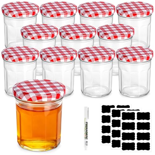 KDIUD Einmachgläser 250 ml 12er Set mit Schraubdeckeln - Marmeladengläser Schraubgläser mit deckel Gewürzgläser Mason jar Dessertgläser Honiggläser - kleine Gläser luftdicht Spülmaschinenfest
