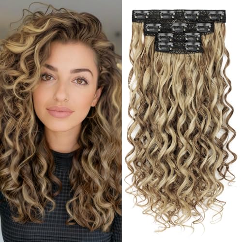 Flvaco Curly Clip In Hair Extensions, 4PCS 16 Inch Brown