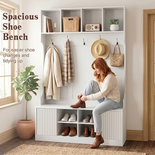 Hall-Tree-with-Bench-and-Shoe-Storage-5-in-1-Entryway-Coat-Rack-with-LED-Sensor-Light-Hooks-and-Storage-Cubes-Shoe-Cabinet-with-Fluted-Door-Modern-Hall-Tree-for-Entryway-Living-Room