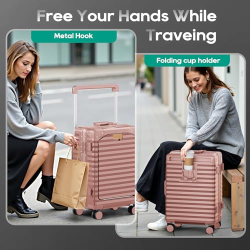 Image of Joyway 20 Inch Carry on Luggage with Aluminium Frame and Front Pocket, PC Hardshell Suitcase with USB Port and Cup Holder, 21.5x14.2x9 Airline Approved, Luggage with Spinner Wheel TSA Lock(Rose Gold)