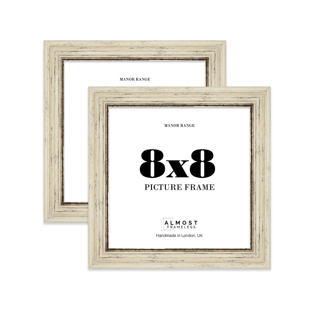 8x8 Picture Frame, Display 8x8 Pictures (20.3 x 20.3cm) - Distressed Cream Distinctive 42mm Edge Gallery Wall - 2 Pack