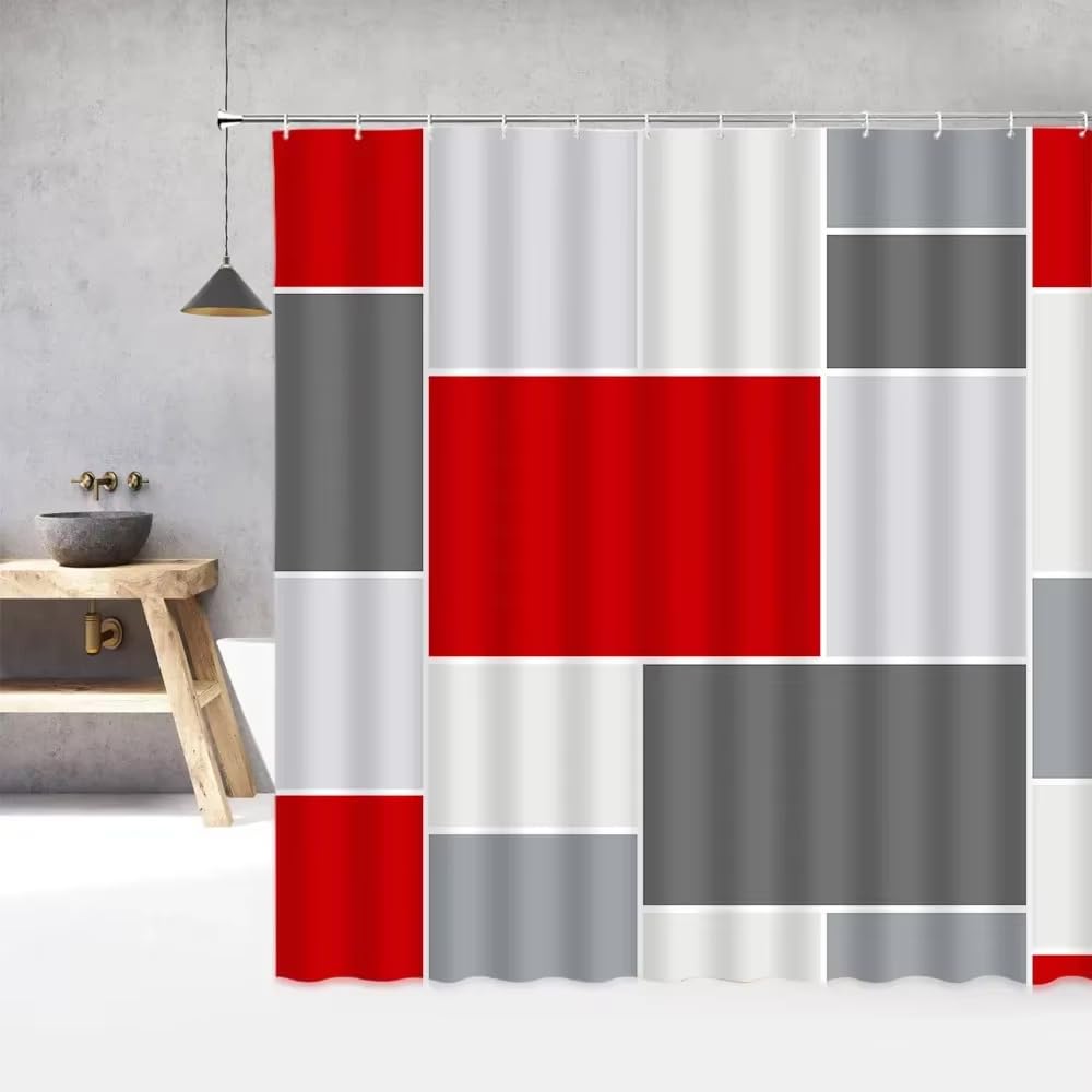 KELAIMI Geometric Shower Curtain,Abstract Color Block Modern Geometric Bathroom Curtain - Waterproof Polyester Fabric Bathtub Curtain with Hooks Red 180X180Cm