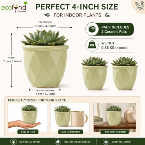 Image of ecofynd 4 Inch Ceramic Plant Pots with Drainage Hole, Modern Decorative Clay Flower Pots for Indoor Plants, Home Garden Decor for Living Room, Bedroom & Interior Spaces (Pack of 2, CPOT043-LGN)