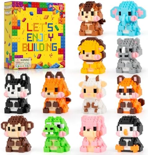 12er Tiere Klemmbausteine Set, Mini Tiere Bausteine als Mitgebsel Kindergeburtstag, Schultüten Füllung, Pinata Füllung und kleines Geschenk für Erwachsene und Junge Menschen ab 15+