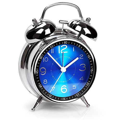 Image of AYRELY Super Loud Alarm Clock for Heavy Sleepers Adults,Twin Bell Retro 4 Inch Silent Non-Ticking Quartz with Backlight, Metal dial, Alarm Clocks for Bedrooms Bedside (Blue)