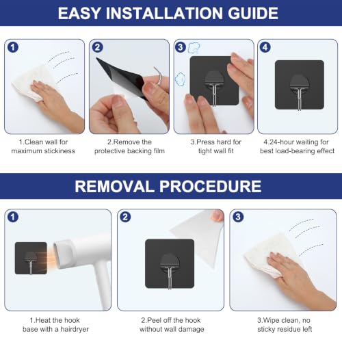 Image of Adhesive Wall Hooks No Drill Black Heavy Duty, 13LB Sticky 12 Pack | Waterproof Black Sticky Hooks for Hanging, 13 lbs Max Load No Damage,Ideal for Towel,Coat,Bathroom,Kitchen,Home