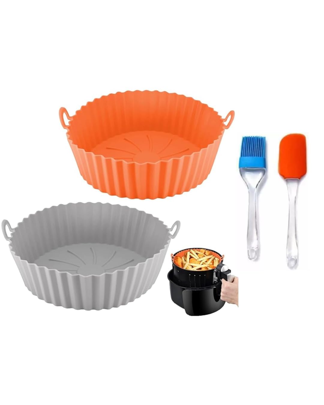Multi-Color Silicone Air Fryer Basket with Ear Handles 2Pcs | Nonstick, Heat Resistant + Oil Brush & Spatula for Easy Cooking-image-43