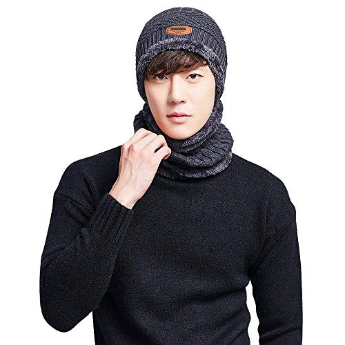 Invierno Hombre Beanie Gorros de punto y Bufanda de Cuello redondo Conjunto /2PC (gris) Cover