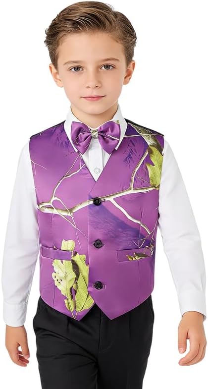 Boys'Purple Camouflage Vest Design Matching Bow Tie Stylish Sleeveless Outerwear for Weddings