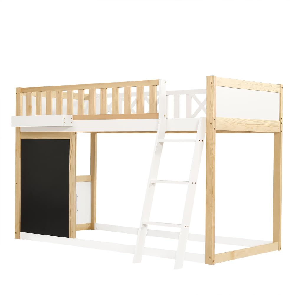 Lit mezzanine 90 x 200 cm, lit enfant avec petit tableau à peindre avec récipient,lit superposé enfant garde-corps de sécurité, espace de rangement réglable individuellement sous le lit, blanc