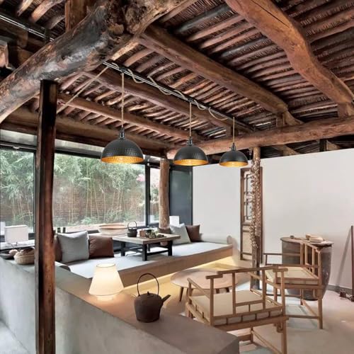 Image of 3 Light Plug in Pendant Lights Hammered Dome Hanging Lamp with Switch 22 Ft Long Hemp Rope Farmhouse Pndant Light Cord Lighting Fixture DIY Hanging Light