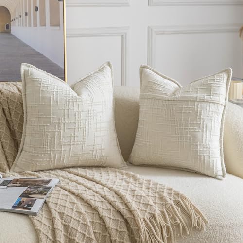 Image of MADIZZ Pack of 2 Chenille Throw Pillow Covers 24x24 Inch Cream White Soft Neutral Decorative Throw Pillows for Couch Sofa Boho Accent Cushion Covers Modern Farmhouse Home Decor for Bedroom Living Room