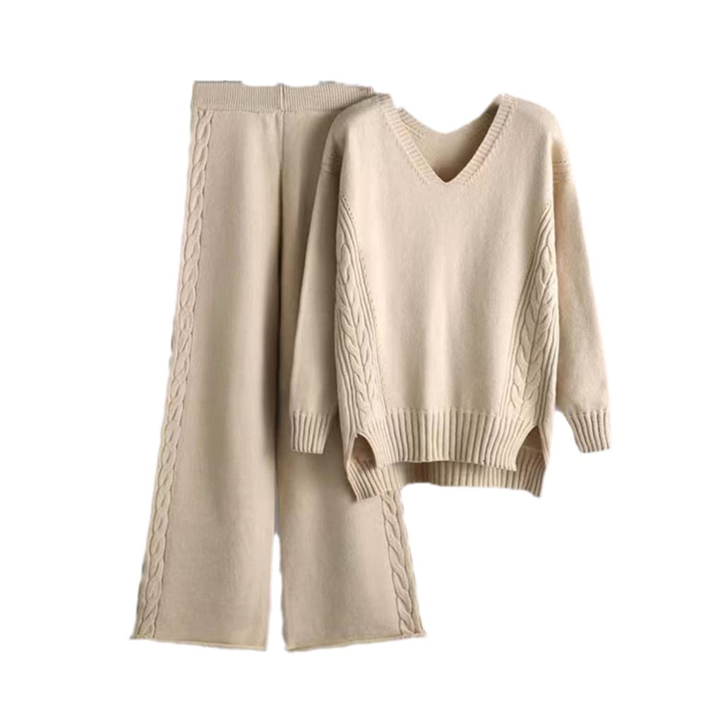 Maglia Due Pezzi Set per Le Donne Scollo a V Maglione e Gamba Larga Pantaloni Autunno Vintage Maglione Pantaloni Set, Albicocca, X-Large