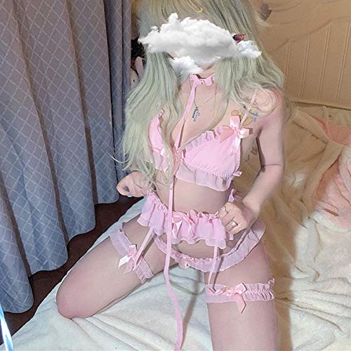 YOMORIO Womens Sexy Cosplay Lingerie Set Ruffle Babydoll Teddy Outfit Bra and Pantie with Choker (Medium, Pink) - Image 3