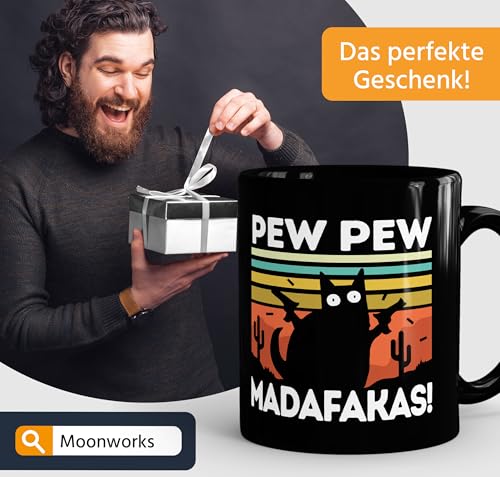 MoonWorks® Kaffee-Tasse mit Spruch Pew Pew Madafakas! schwarze Katze Spruch Meme lustig Bürotasse lustige Kaffeebecher Schwarz Keramik-Tasse – Ansicht 4