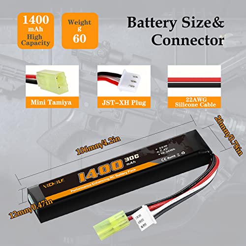 VICMILE Airsoft Battery 1400mAh 7.4V Lipo Battery with Tamiya Plug 30C High Discharge Rate Rechargeable 2S Lipo Battery for Airsoft Model Guns - Thumbnail 3