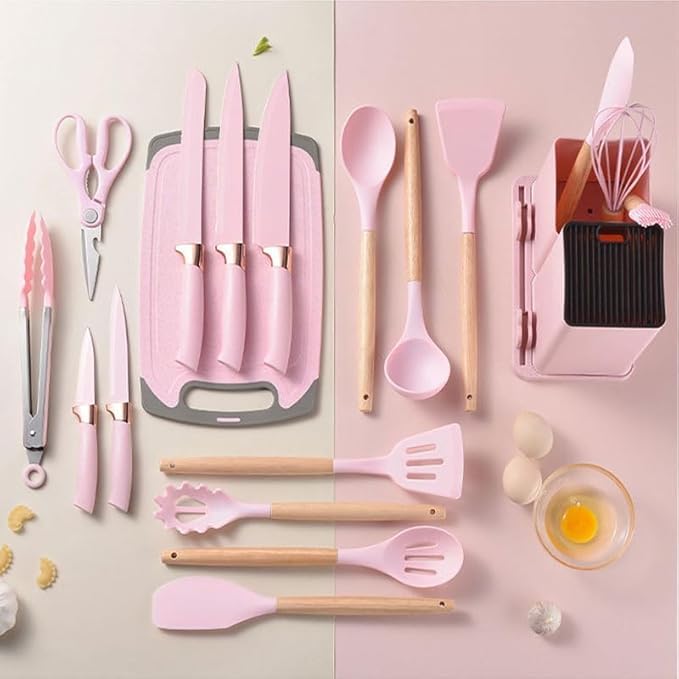 Set Coltelli da Cucina 19 Pezzi con Portautensili – 5 Coltelli in Acciaio + 13 Utensili da Cucina in Silicone – Set Cucina Completo Antiaderente e Resistente al Calore (Rosa)