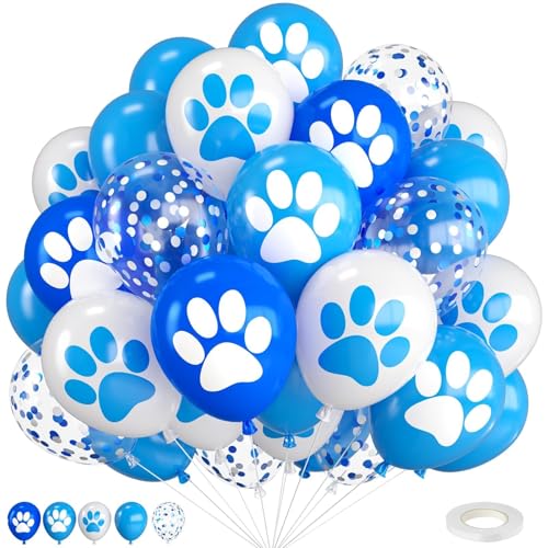 Image of Paw Balloons 12 Inch Paw Print Navy Blue Light Blue White Balloons | Dog Balloons with Confetti and Ribbon for Birthday Baby Shower Celebration Graduation Party Decorations