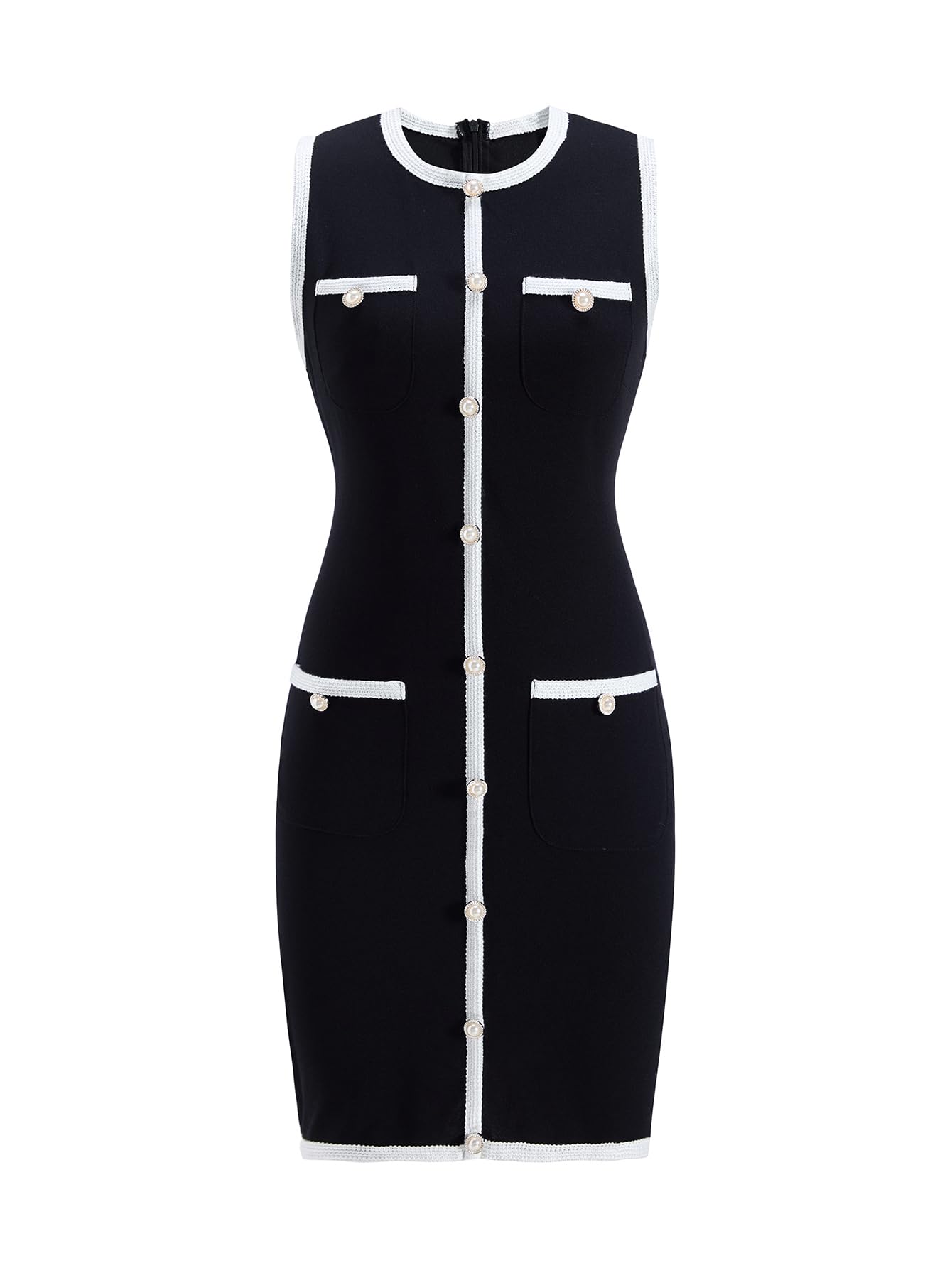 Womens Elegant Button Down Mini Dress Crew Neck Work Office Dresses with Pockets
