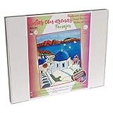🎨 Set que contiene 1 lámina de dibujo de Paisaje Santorini para pintar, 16 arenas de colores, un pincel, un punzón y una guía de color.