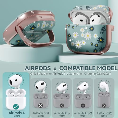 Image of Inesore for AirPods 4 Case Cover 2024 with Lock-Green Daisy | Two-Piece Design,with Gold Keychain & Cleaning Pen,Support Wireless Charging,Cute Luxury Case for Women Girly