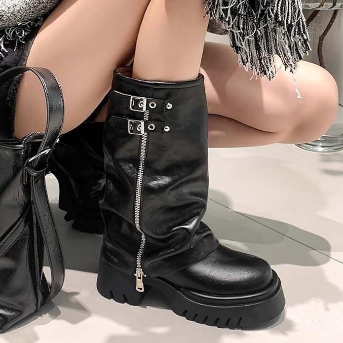 MAVMAX Mid Calf Boots for Women Fold Over Zipper Buckle Riding Boot Black Wide Calf Platform Round Toe Chunky Low Heel Tall Boot Cowboy Biker Motorcycle Boots
