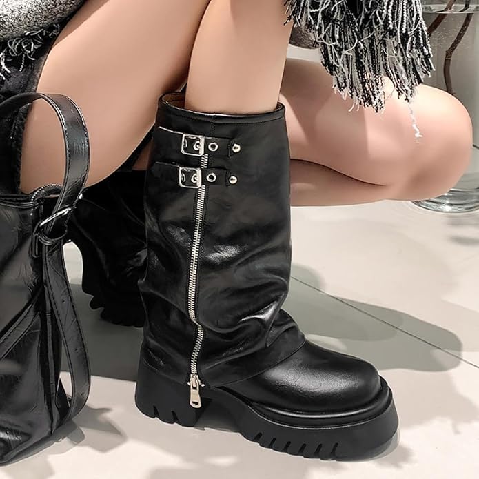 Image of MAVMAX Mid Calf Boots for Women Fold Over Zipper Buckle Riding Boot Black Wide Calf Platform Round Toe Chunky Low Heel Tall Boot Cowboy Biker Motorcycle Boots