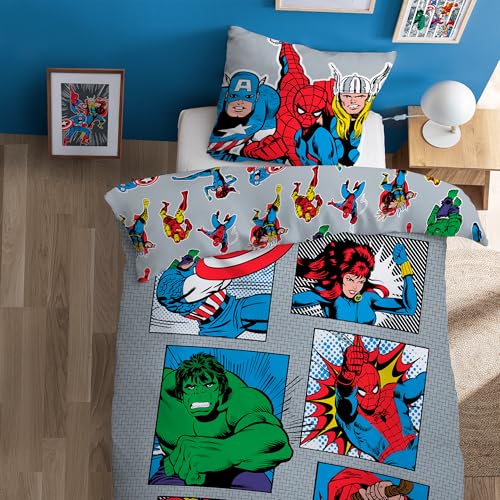 Avengers Home Comics Heroes Parure de Lit Enfant 1 Personne | 100% Coton | OEKO-TEX® STANDARD 100 | Housse de Couette 140x200 cm + 1 Taie d'oreiller 63x63 cm | Imprimé...