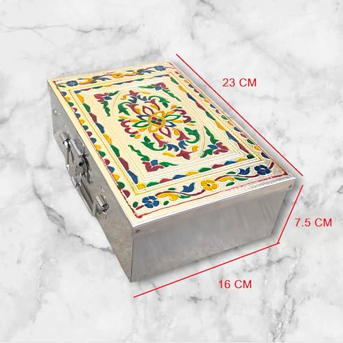 Image of Stainless Steel Storage Box, Cash Box, Pooja Peti, Organizer, Vanity Storage Box, Jewellery Safe Bank Locker, Cash Box With Handicrafts Digital Meena Kari Design (Yellow, 9 Inches)