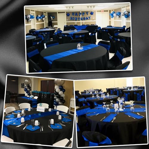 Image of 12Pack 12x108 Inch Satin Table Runner and 84 Inch Round Plastic Tablecloths Set Black and Blue Disposable Round Table Cover for Graduation Wedding Bridal Shower Anniversary Birthday Party Decorations