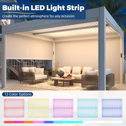 Image of MELLCOM Motorized Louvered Pergola 10x13, Solar & Electric Powered with LED Lights and 4 Side Screens, Aluminum Adjustable Louvered Roof, Weatherproof Outdoor Shelter
