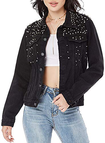 Hotmiss Women's Oversize Vintage Boyfriend Denim Jacket Long Sleeve Loose Jean Trucker Jacket (Black, Large)