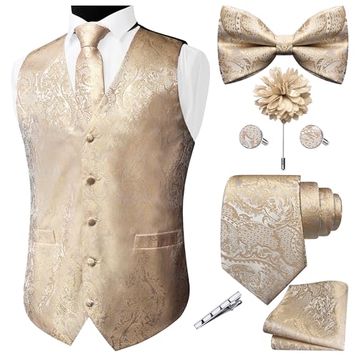 GUSLESON Fashion Vest for Men Paisley Jacquard Tie Waistcoat Bow tie Hanky Lapel Pin Cufflinks Set Wedding 7PCS