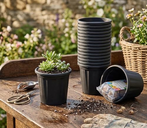 Image of Plastic Flower Pots 12 Inch | Black Nursery Plant Pots for Indoor & Outdoor Gardening | Lightweight, Durable Pots with Drainage for Seeds, Succulents & Saplings | Pack of 5