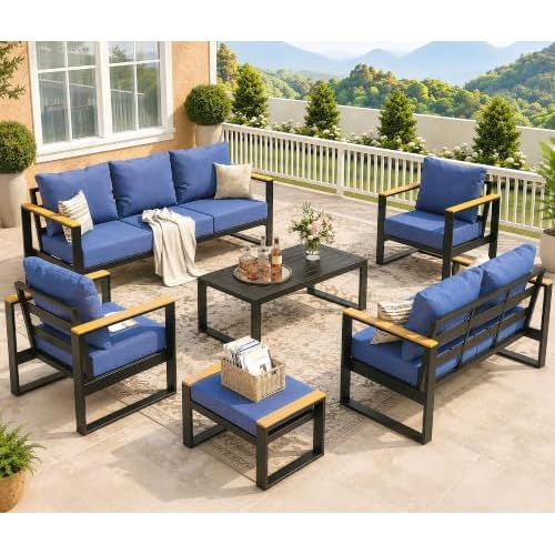 Garvee 8 Seats Outdoor Aluminum Patio Furniture Set with Coffee Table Blue 6 Pcs w/ Ottoman