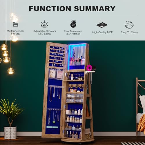 Image of HNEBC 360 Swivel Jewelry Armoire with Mirror, LED Mirror Jewelry Cabinet Standing, Full Length Mirror with Jewelry Storage, Standing Jewelry Organizer /Lockable Wheels /Foldable Makeup Shelf (Wood)