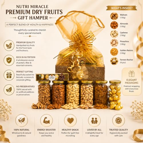 Image of NUTRI MIRACLE Dry Fruits & Chocolate Gift Hamper | Festive Gift Basket for Raksha Bandhan | Diwali | Brother Sister Corporate Office Employees