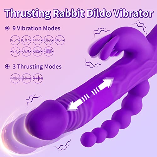 Thrusting Rabbit Vibrator G Spot Clitoral Anal Dildo Stimulator Adult Sex Toys With One Click Enhancement, 3 Powerful Thrusting Speeds & 9 Vibrating Vagina Nipples Stimulation For Women (A-Purple) #TOP1