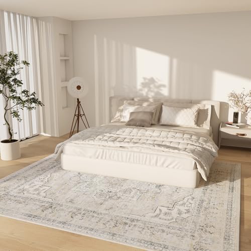 Washable Area Rugs for Living Room: 6'x9' Bedroom Area Rug Boho Stain Resistant Distressed Vintage Accent Rug Non Slip Low Pile Faux Wool Soft Rug for Kitchen Entryway Bedside Nursery Dining Room