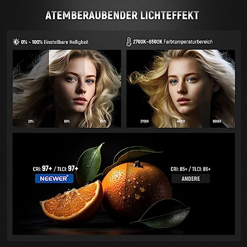 NEEWER 80W LED Videoleuchte, 2,4G und APP Steuerung, zweifarbig 2700K-6500K Videolicht, 34000 Lux/1m, CRI97+/12 Szenen/Bowens COB Dauerlicht für Studio Fotografie Videoaufnahmen und Streaming, CB60B