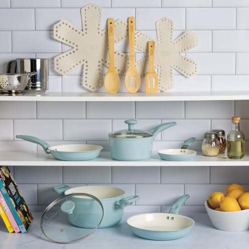 Tasty Ceramic Pots and Pans Set, Healthy Nonstick Cookware Set, Soft Touch Stay Cool Handles, Made without PFAS, PFOA, PFOS and PTFE, Even Heating, Dishwasher Safe, 12-Piece, Aqua by Tasty - Used condition - Image 2