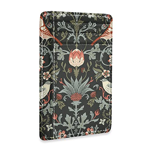 William Morris Flowers Birds On Dark Slim Minimalist Wallet, Front Pocket RFID Blocking Leather Credit Card Holder, Case Protector Covers for Men Women